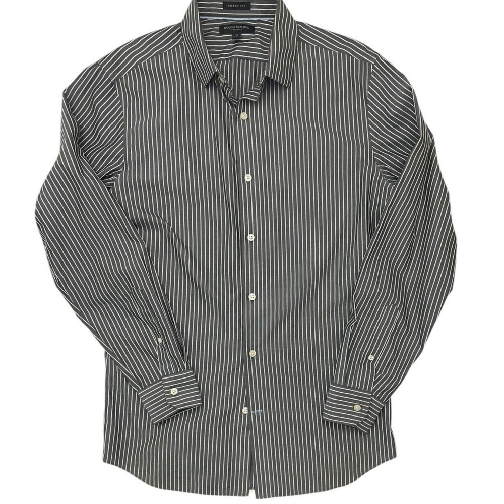 Banana Republic Grant Fit LS Button Up Shirt Charcoal Gray Stripe Office MED